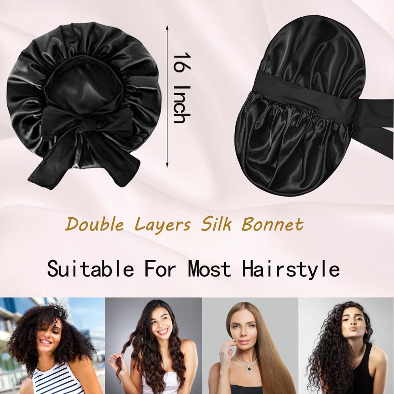 Confvrter Silk Bonnet Satin Hair Bonnet for Sleeping Large Bonnets with Tie Band Hair Wrap with Adjustable Straps Hair Cap for Women Curly Hair Black - Image 2